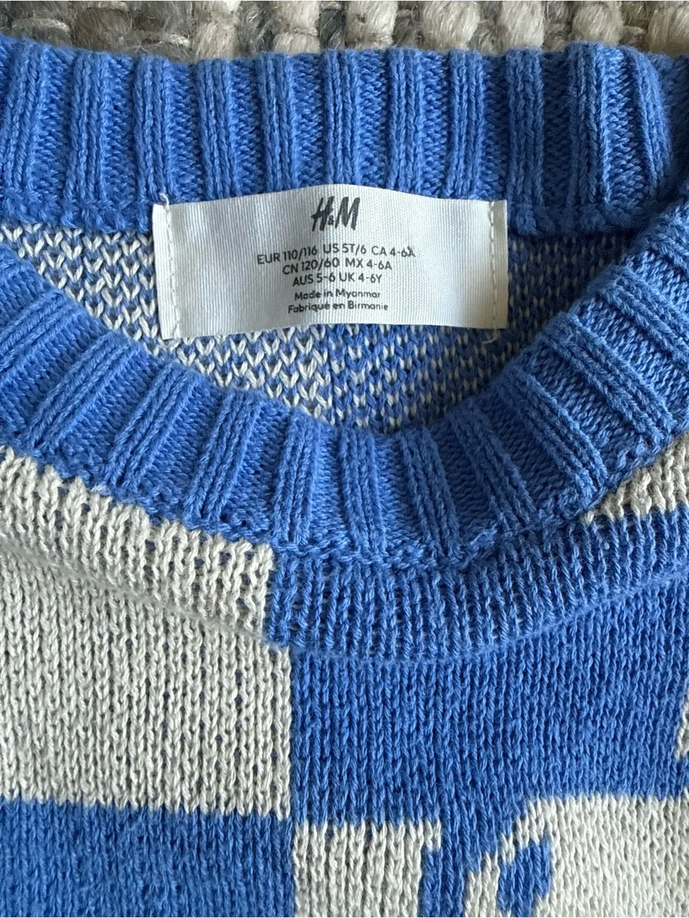 H&M Blue and Cream Checker Knit Sweater with Graphic Detail